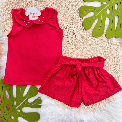 Conj. Regata com Gola Perolada e Short em Lese - Vermelho